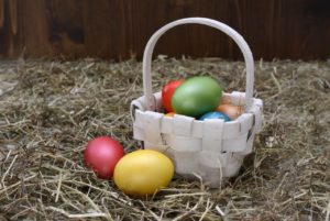 traditional Easter basket with colored eggs
