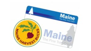 Maine Harvest Bucks Logo with image of Maine EBT card