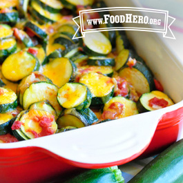 casserole dish of zucchini tomato bake