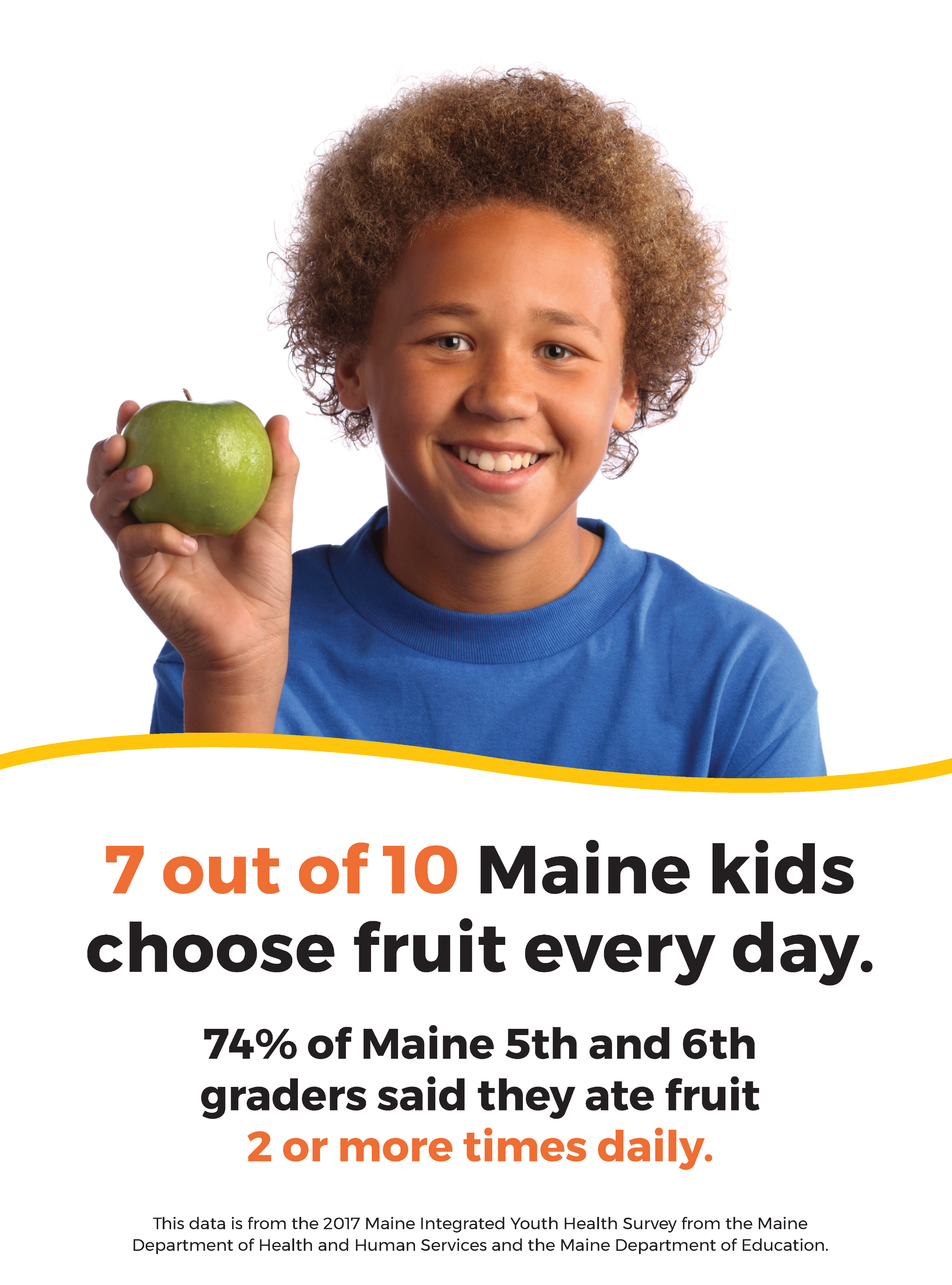 kid holding an apple with text that reads 7 out of 10 Maine kids choose fruit every day