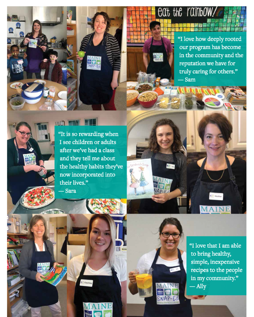 Collage of staff members wearing snap-ed aprons and quotes explaining what they love about the programs