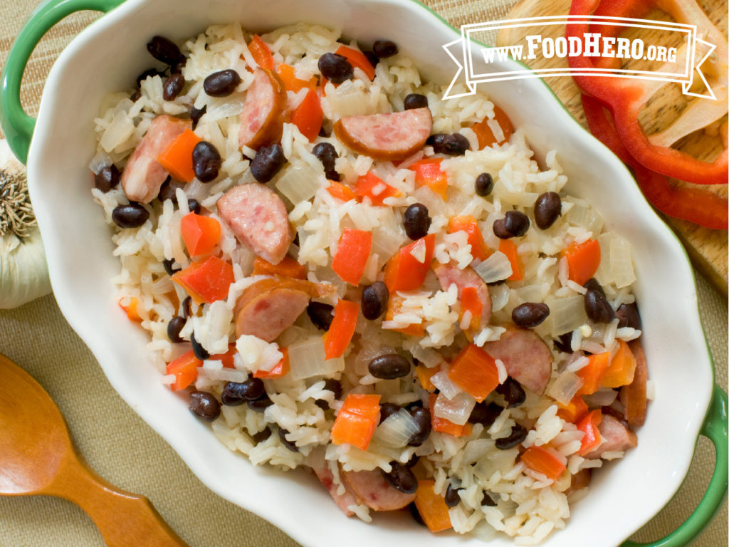 serving dish of black beans and sausage