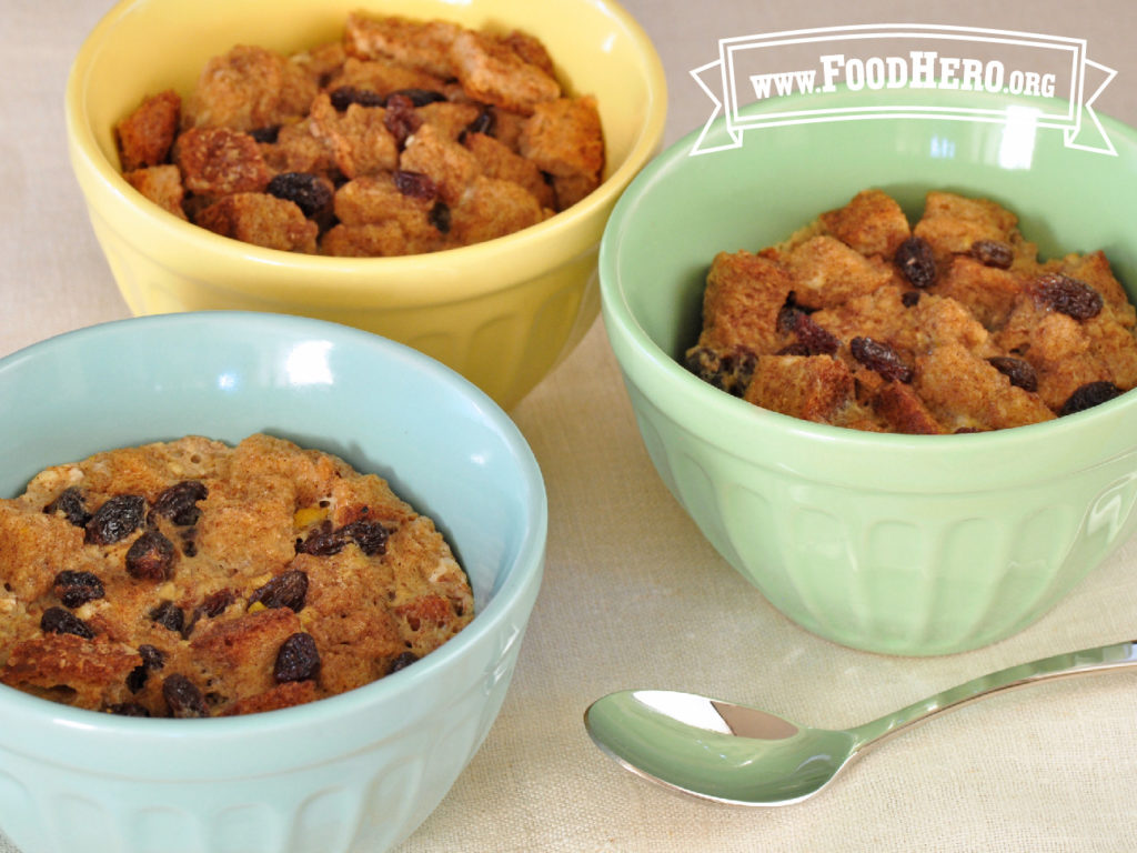 3 bowls of bread pudding with spoon