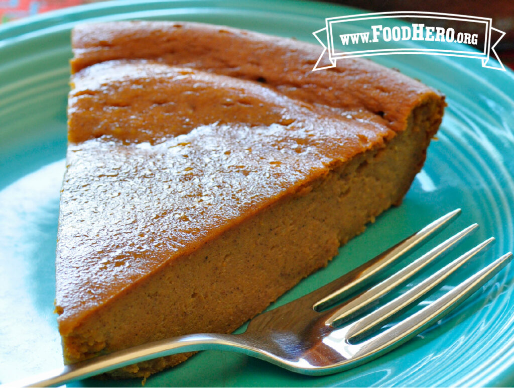 plate of sliced crustless pumpkin pie with fork