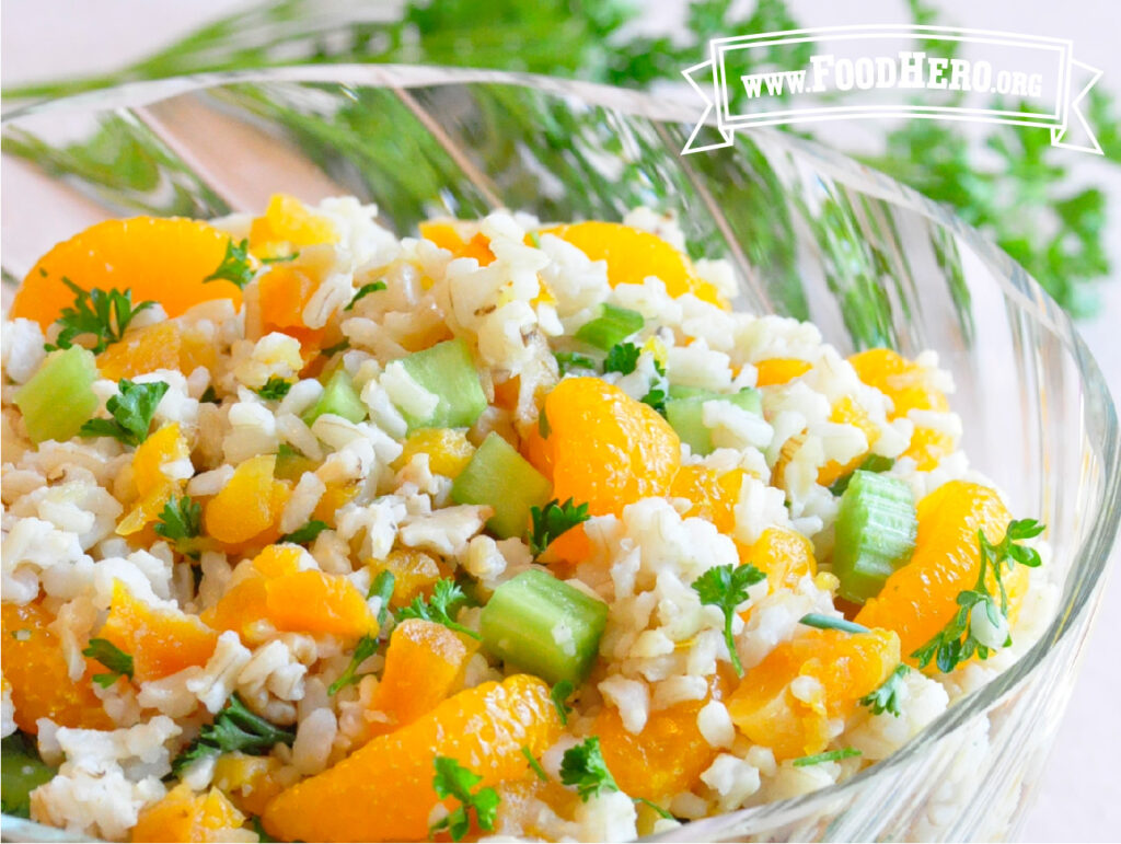 bowl of orange rice salad