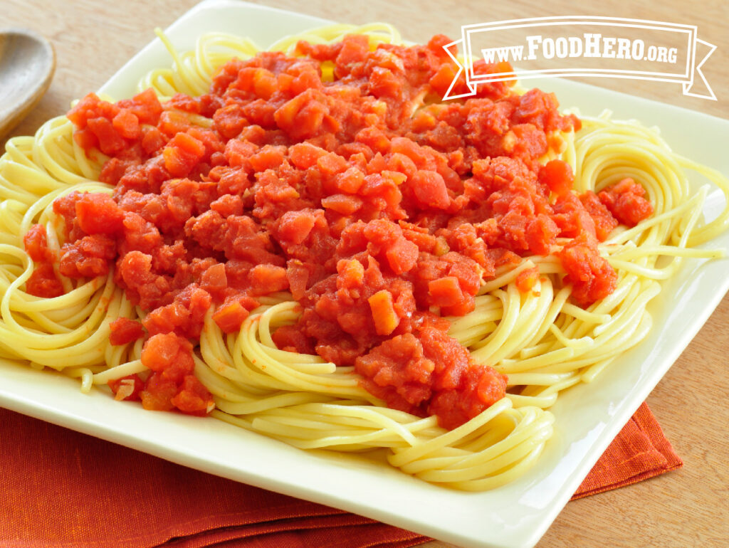 plate of spaghetti with quick tomato pasta sauce on top
