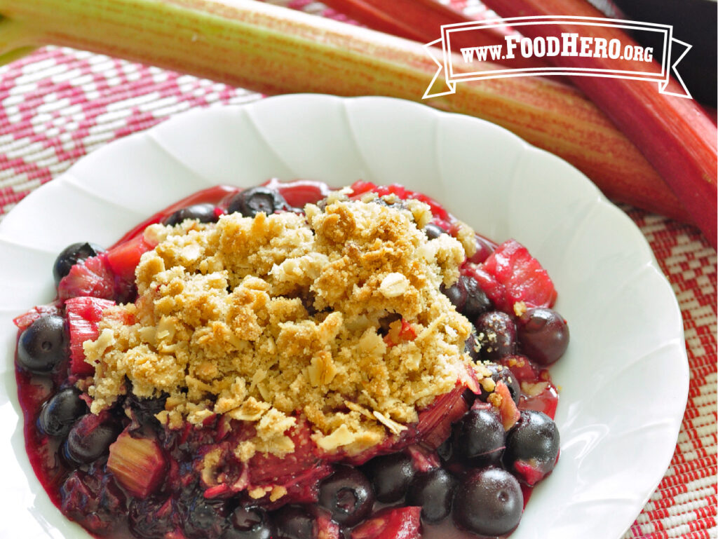 dish of rhubarb blueberry crisp