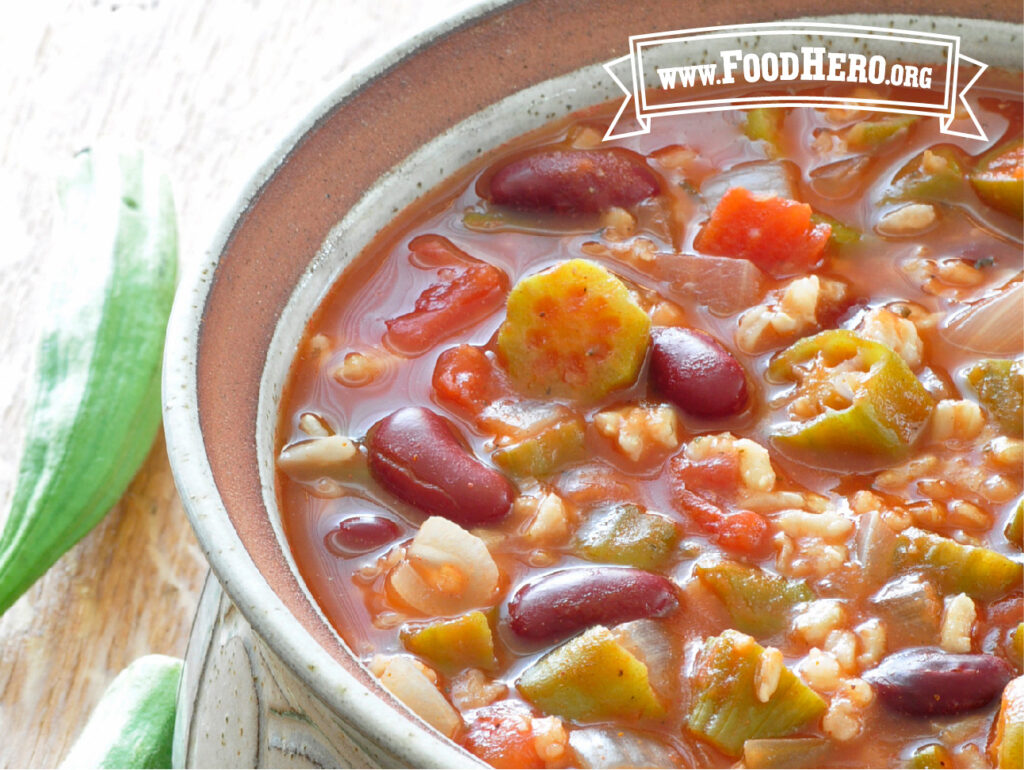 Ceramic bowl filled with southern okra bean stew