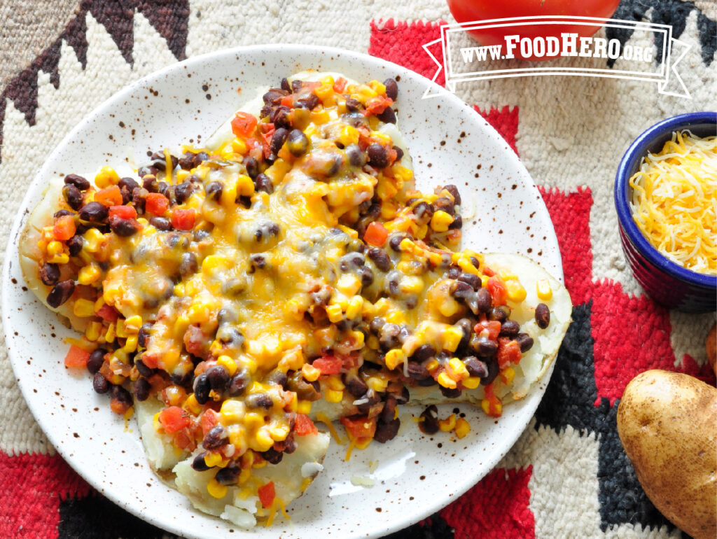 plate of corn and bean stuffed potatoes