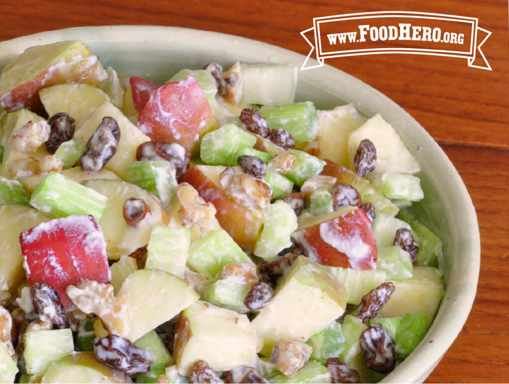 waldorf salad in a white bowl