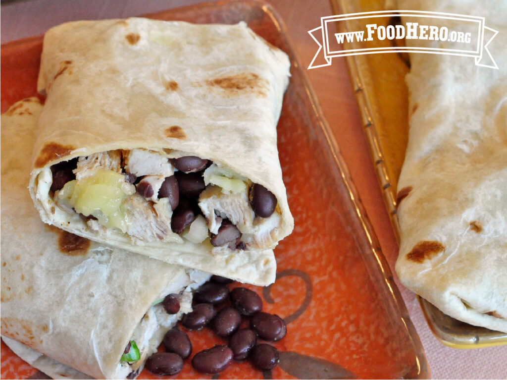 sliced chicken and black bean salsa burritos