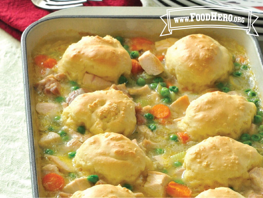 serving dish of chicken and dumpling casserole