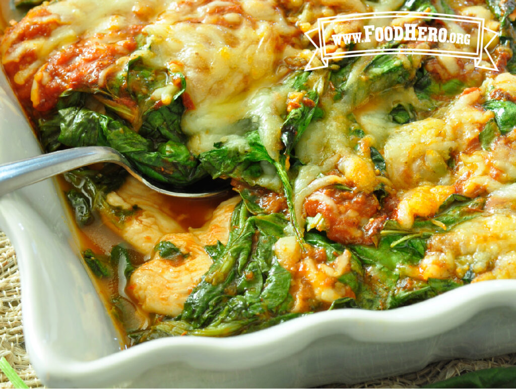 close-up of spinach & chicken bake in a casserole dish