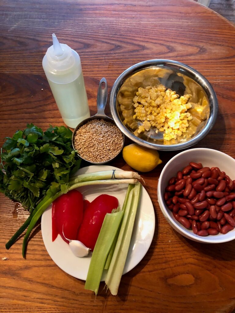 ingredients for barley, bean and corn salad